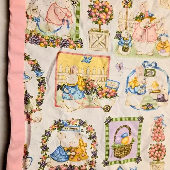 Handmade Vintage Baby Quilt Pastel Easter Bunny Patchwork Theme Blanket 38"X42" - Picture 4 of 5